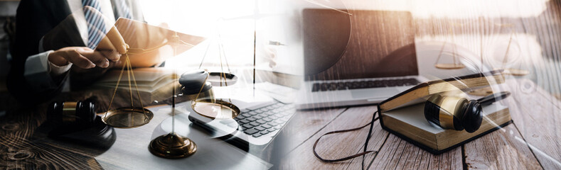 Business and lawyers discussing contract papers with brass scale on desk in office. Law, legal services, advice, justice and law concept picture with film grain effect