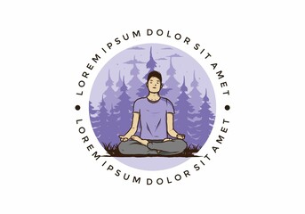 illustration of a someone doing yoga and meditating outdoors in a forest in nature among pine trees