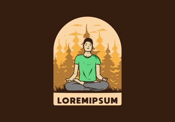 illustration of a someone doing yoga and meditating outdoors in a forest in nature among pine trees