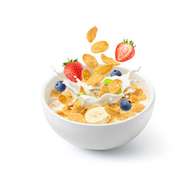 Corn flakes with fresh milk splash and fruits isolated on white background.