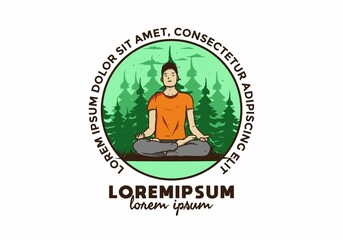 illustration of a someone doing yoga and meditating outdoors in a forest in nature among pine trees