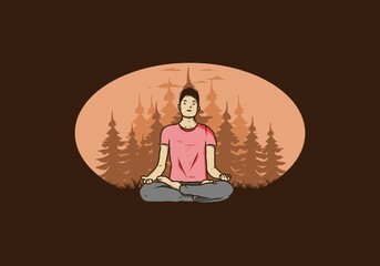 illustration of a someone doing yoga and meditating outdoors in a forest in nature among pine trees