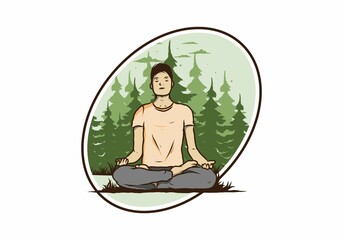 illustration of a someone doing yoga and meditating outdoors in a forest in nature among pine trees