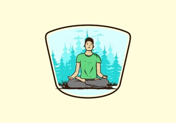 illustration of a someone doing yoga and meditating outdoors in a forest in nature among pine trees