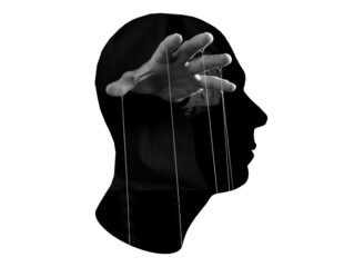 Manipulator, abuser. Black man head and hand with strings at fingers isolated on white background....