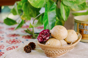 Chinese flaky pastry or mooncake or pie filled shred pork or pork floss decorated with gold leaf look so luxury in close up view macro concept to present detail puff layer. Homemade bakery concept.