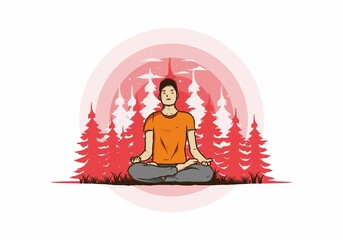 illustration of a someone doing yoga and meditating outdoors in a forest in nature among pine trees