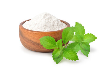 Stevia sugar with fresh stevia leaves isolated on white background. - obrazy, fototapety, plakaty