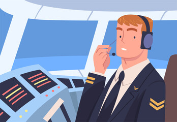 Man Aircraft Pilot or Aviator Sitting Inside Airplane Cabin at Control Panel Vector Illustration - obrazy, fototapety, plakaty