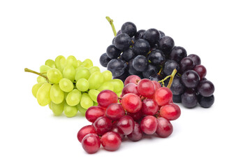 Three bunch of grapes (red, green, black) isolated on white background.