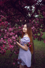 portrait young beautiful girl teenager in a purple dress stands by a blooming pink apple tree.