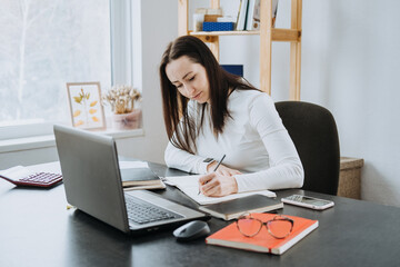 Accounting Formulas Equations for Accountants. Female Accountant working with calculator and laptop