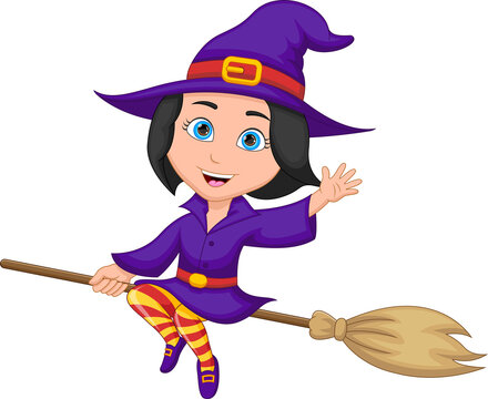 girl witch cartoon flying on her broom