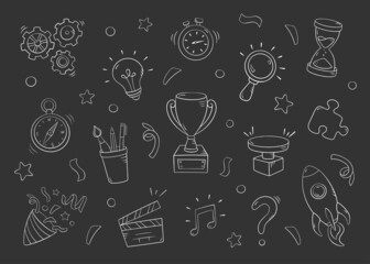 Quiz set in doodle style, vector illustration. Icon question symbol for print and design. Quiz and Exam concept, isolated element on black background. Collection of sign for school and event