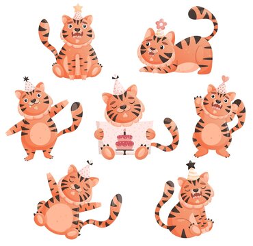 Set of cute tigers in different poses in cartoon style. Vector illustration of wild striped tigers with happy birthday hats.