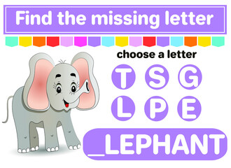Logic puzzle game. Learning words for kids. Find the missing letter. Educational worksheet. Activity page for learning English. Game for children. Isolated vector illustration. Cartoon style. Elephant