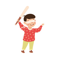 Little Boy with Wooden Stick Ready to Hit Pinata at Birthday Party Vector Illustration