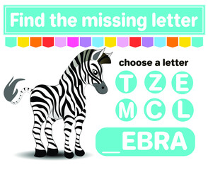 Logic puzzle game. Learning words for kids. Find the missing letter. Educational worksheet. Activity page for learning English. Game for children. Isolated vector illustration. Cartoon style.Zebra