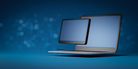 Digital tech concept. Blue gadgets (laptop and tablet). Mockup banner for presentation porting programs and development of cross-platform software.