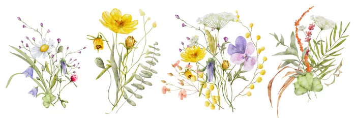 Tuinposter Wild flowers watercolor bouquet botanical hand drawn illustration © EvgeniiasArt