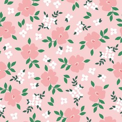 seamless vintage pattern. white and pink flowers, green leaves. pink background. vector texture. trendy print for textiles and wallpaper.