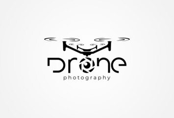 Drone Typography Logo, drone text with letter O as drone camera lens, flat design logo template, vector illustration