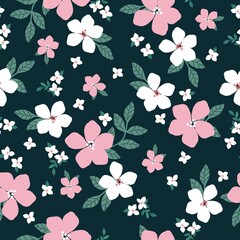 seamless vintage pattern. white and pink flowers, green leaves. dark blue background. vector texture. trendy print for textiles and wallpaper.