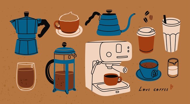 Set for coffee lovers. Isolated coffee elements. French press, coffee machine, mug, cup, milk pitcher, kettle. Icon collection for menu, coffee shop. Hand drawn modern Vector illustration