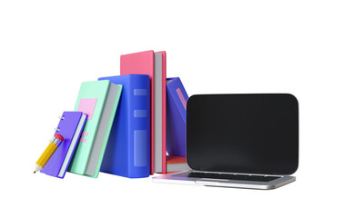 E-learning concept. laptop on top of stacks of book. 3D illustration