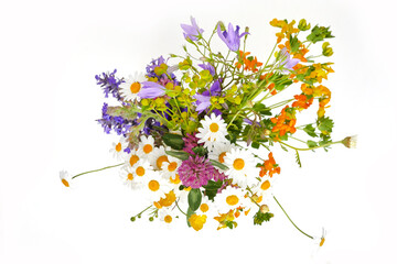 Beautiful bouquet of wildflowers isolated on white.