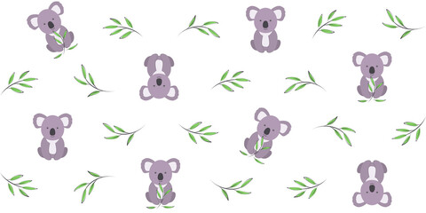 Adorable koala with eucalyptus twigs on a white. Endless texture with cute Australian animal. Vector seamless pattern for cover, wrapping paper, surface texture, nursery room and printing on clothes © KuraitennoDesign