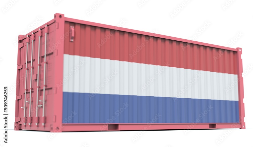Poster flag of the netherlands on the side of a cargo container, 3d rendering