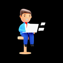 3D Render Of Businessman Using Laptop At Stool Against Black Background.