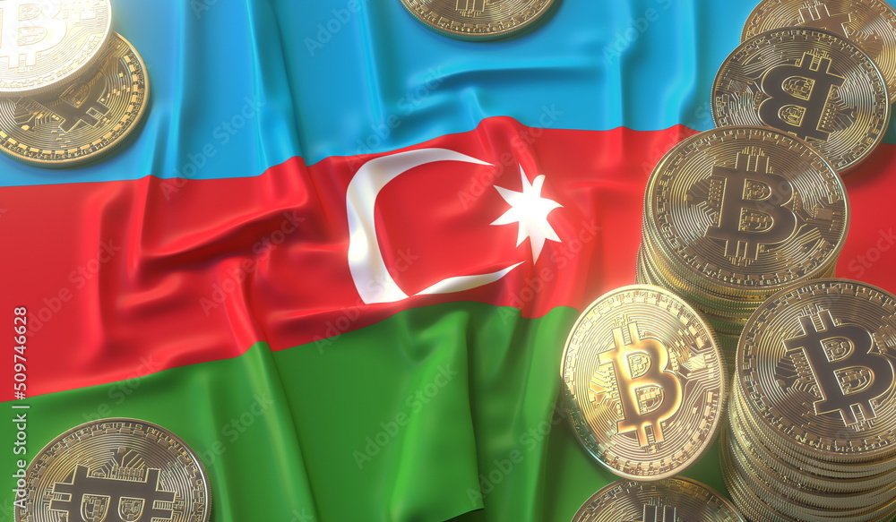 Poster bitcoin tokens and flag of azerbaijan. cryptocurrency related 3d rendering
