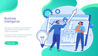 Business intelligence concept. Website landing page template. People work with financial data for business development. Colleagues analyze statistical indicators. Successful work with project