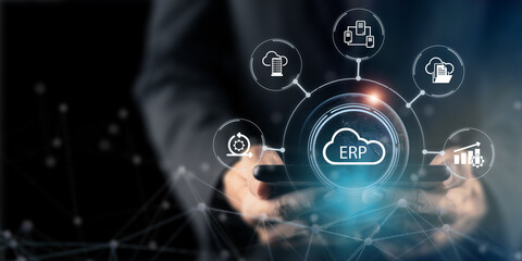 Cloud ERP, Enterprise Resource Planning  concept. Providing for team advanced capabilities, AI to automate operational processes, react in real time, automatic updates and gain a competitive advantage