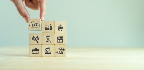 Cloud ERP, Enterprise Resource Planning concept. Efficiency solution for managing business value chain,.automate operational processes, react in real time, automatic updates, data driven decisions.