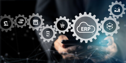 Cloud ERP, Enterprise Resource Planning concept. Efficiency solution for managing business value chain,.automate operational processes, react in real time, automatic updates, data driven decisions.