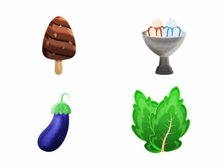 Vegetable And Dessert Crafting Food Element Set With Eggplant And Ice Cream.