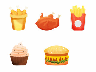 Chicken With French Fries, Cupcake And Burger Unhealthy Food Element Set.
