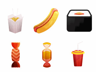 Candy And Drink With Junk Food Set In Flat Style.