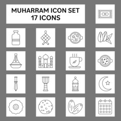 17 Muharram Line Art Icon Set On Grey And White Square Background.