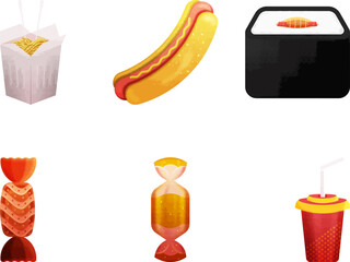 Candy And Drink With Junk Food Set In Flat Style.