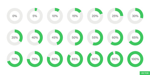 Set of green infographic percentage pie chart icons in flat style design for website, app, UI, isolated on white background. Set of circle percentage pie charts for infographics. Vector illustration.