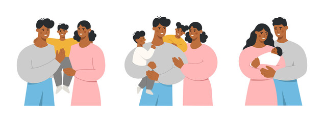 Collection of happy african american family with lovely kids. Young mother and father holding their beloved children in their arms. Love and care for loved ones. Flat vector illustration.