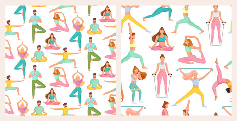Collection of seamless patterns with people doing fitness exercises and yoga. The concept of sport, gym, yoga, pilates, fitness. Healthy lifestyle. Vector illustration. 