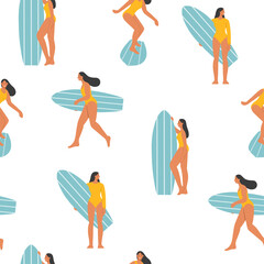 Seamless pattern with surfers. Holiday season at sea or ocean. Summer holidays on the beach. Rest and activity. Healthy lifestyle. Surfing. Flat vector illustration.