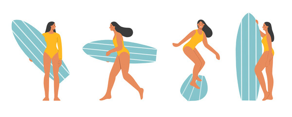Collection of surfers. Holiday season at sea or ocean. Summer holidays on the beach. Rest and activity. Healthy lifestyle. Surfing. Flat vector illustration.
