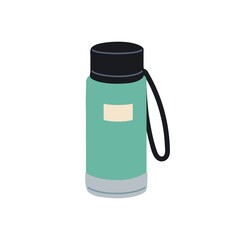 Reusable recycled sports water bottle. Plastic drink container closed with cap, lid and string loop. Eco travel package. Flat vector illustration isolated on white background