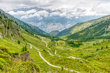 Fototapeta na wymiar Colle delle Finestre, mountain pass in the Cottian Alps, Piedmont, Italy, linking the Susa Valley and Val Chisone, built around 1700, with magnificent views of the surrounding mountain ranges